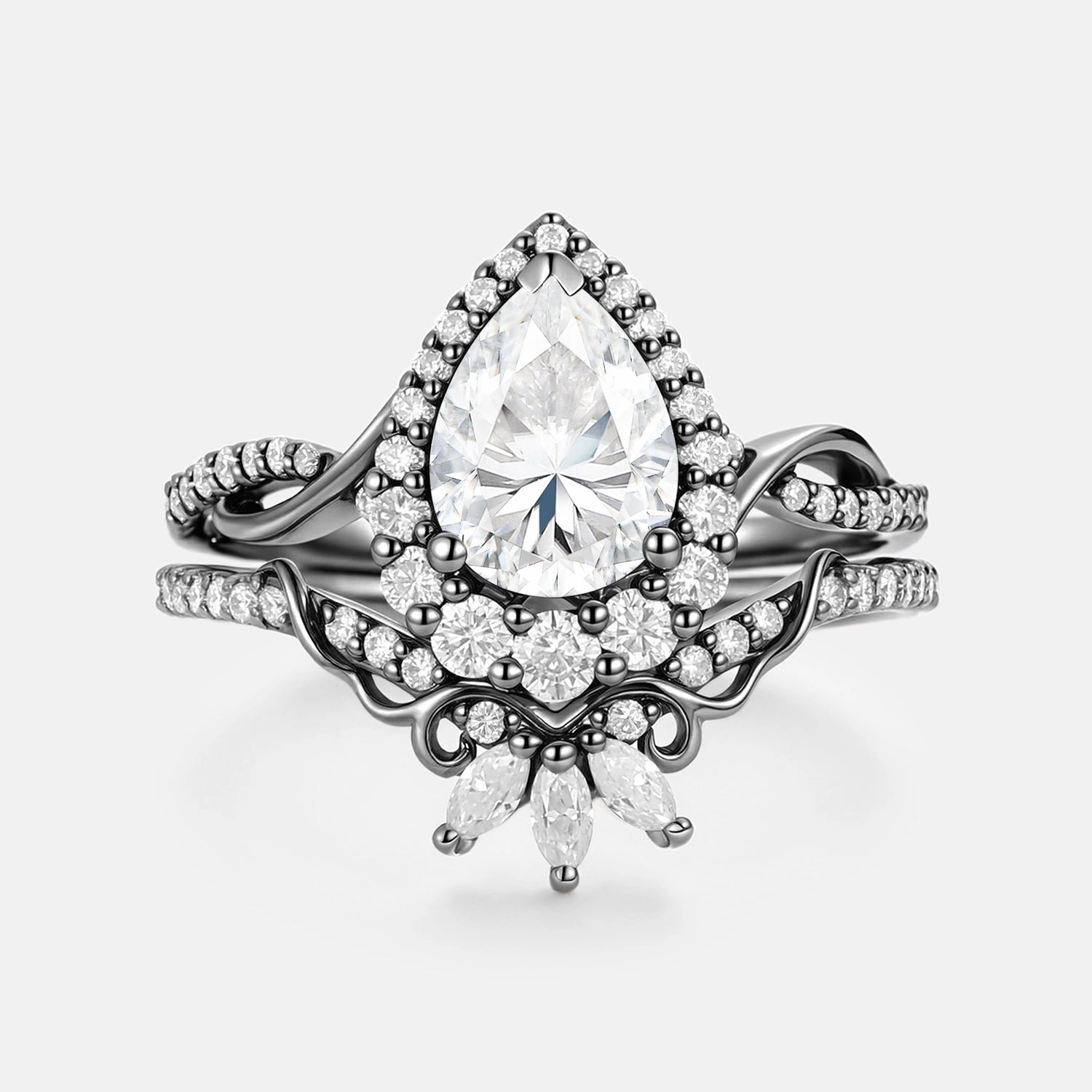 Pear Shaped  Moissanite Engagement Ring Set 2pcs - Vynne Custom Touch Trendy Look