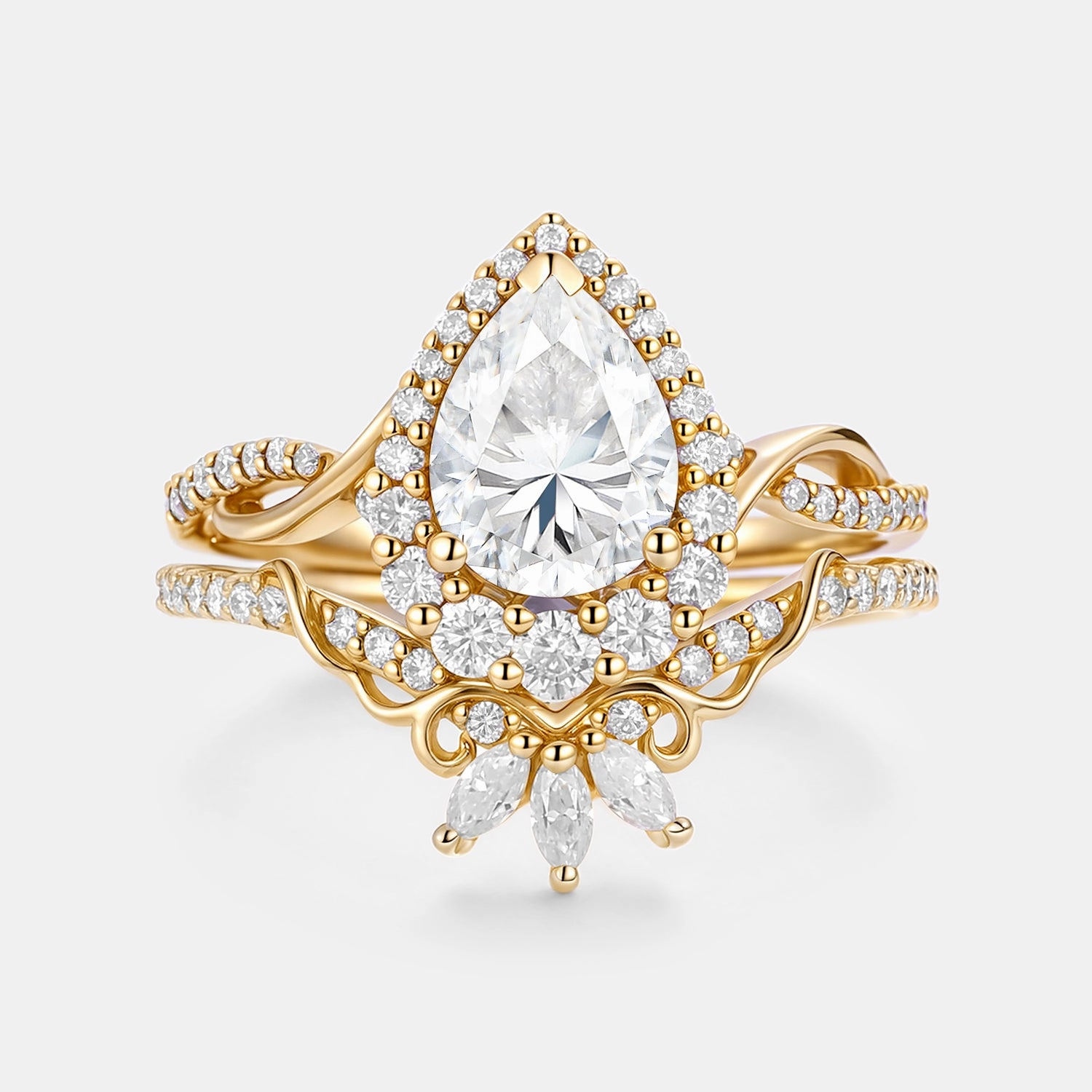Pear Shaped  Moissanite Engagement Ring Set 2pcs - Vynne Unique Craft
