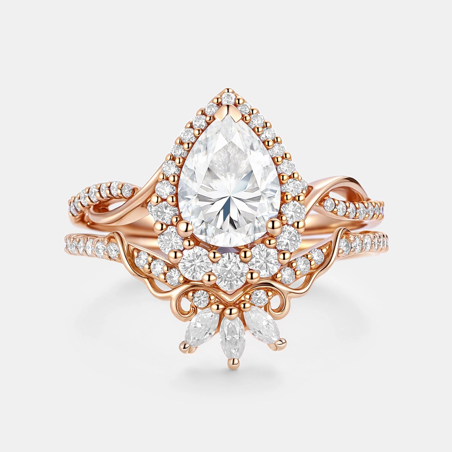 Pear Shaped  Moissanite Engagement Ring Set 2pcs - Vynne Modern Mood Elegant Pop