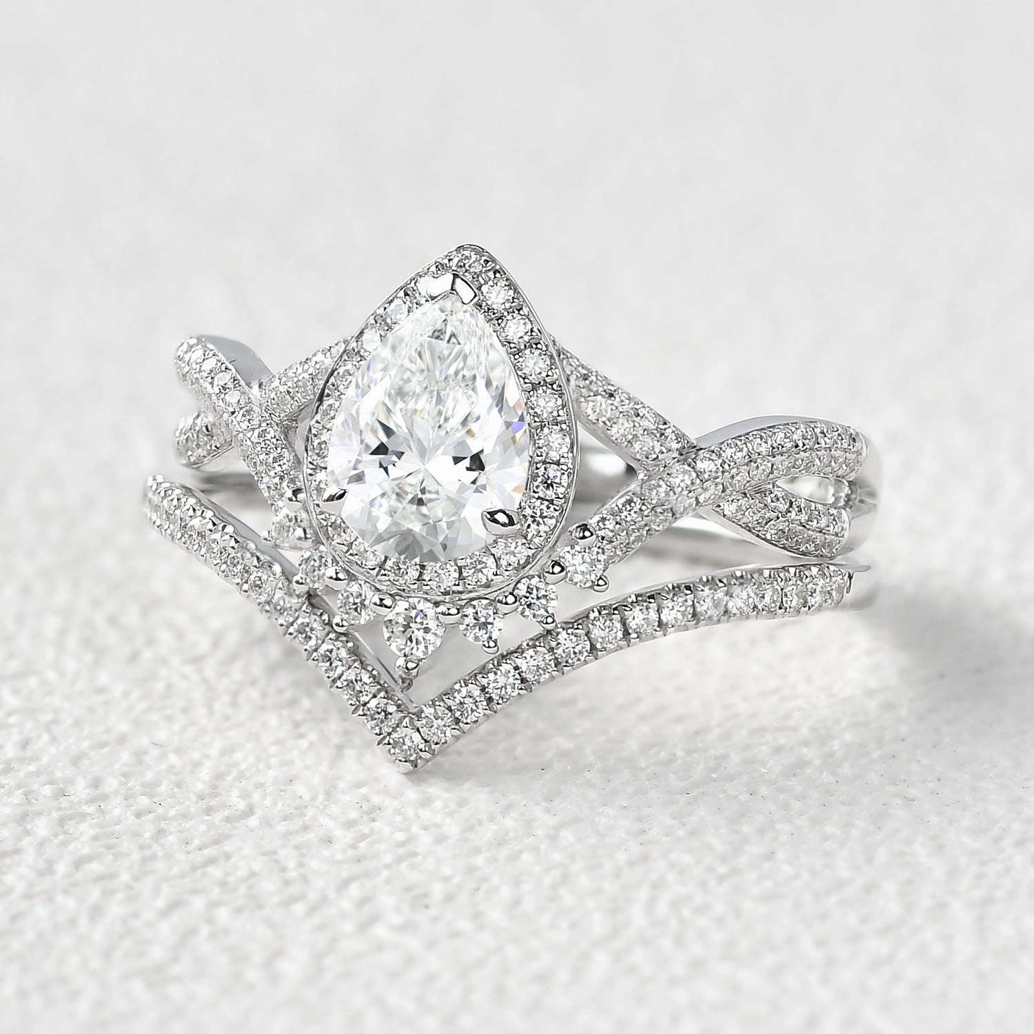 Pear Shaped Moissanite Infinity Gold Ring Set 2pcs Everyday Finish