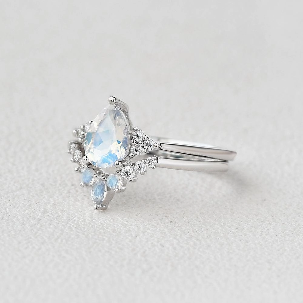 Refined Sparkle Pear Shaped Moonstone Vintage Inspired Ring Set 2pcs