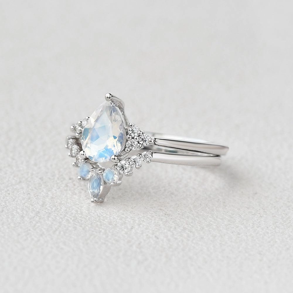 Dainty Sparkle Bridal Choice Pear Shaped Moonstone Vintage Inspired Ring Set 2pcs