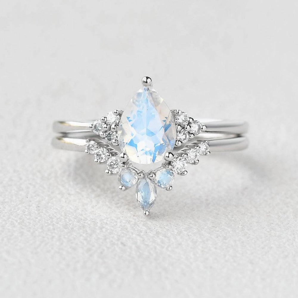 Romantic Look Pear Shaped Moonstone Vintage Inspired Ring Set 2pcs