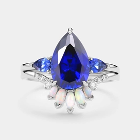 Pear Shaped Sapphire & Opal Three-stone Ring Set 2pcs Stylish Glow