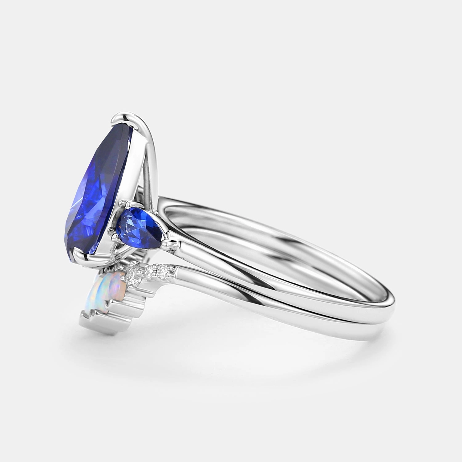 Dainty Shine Pear Shaped Sapphire & Opal Three-stone Ring Set 2pcs