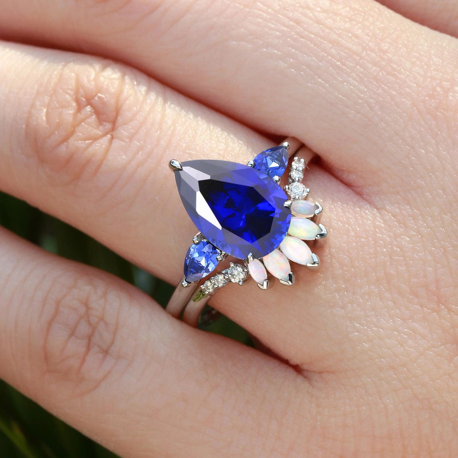 Everyday Mood Elegant Finish Pear Shaped Sapphire & Opal Three-stone Ring Set 2pcs