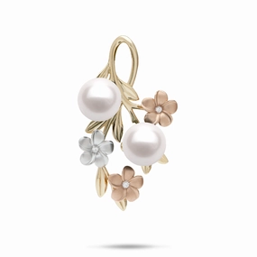 Pearls in Bloom Plumeria Akoya White Pearl Pendant in Tri Color Gold with Diamonds - 36mm Signature Form