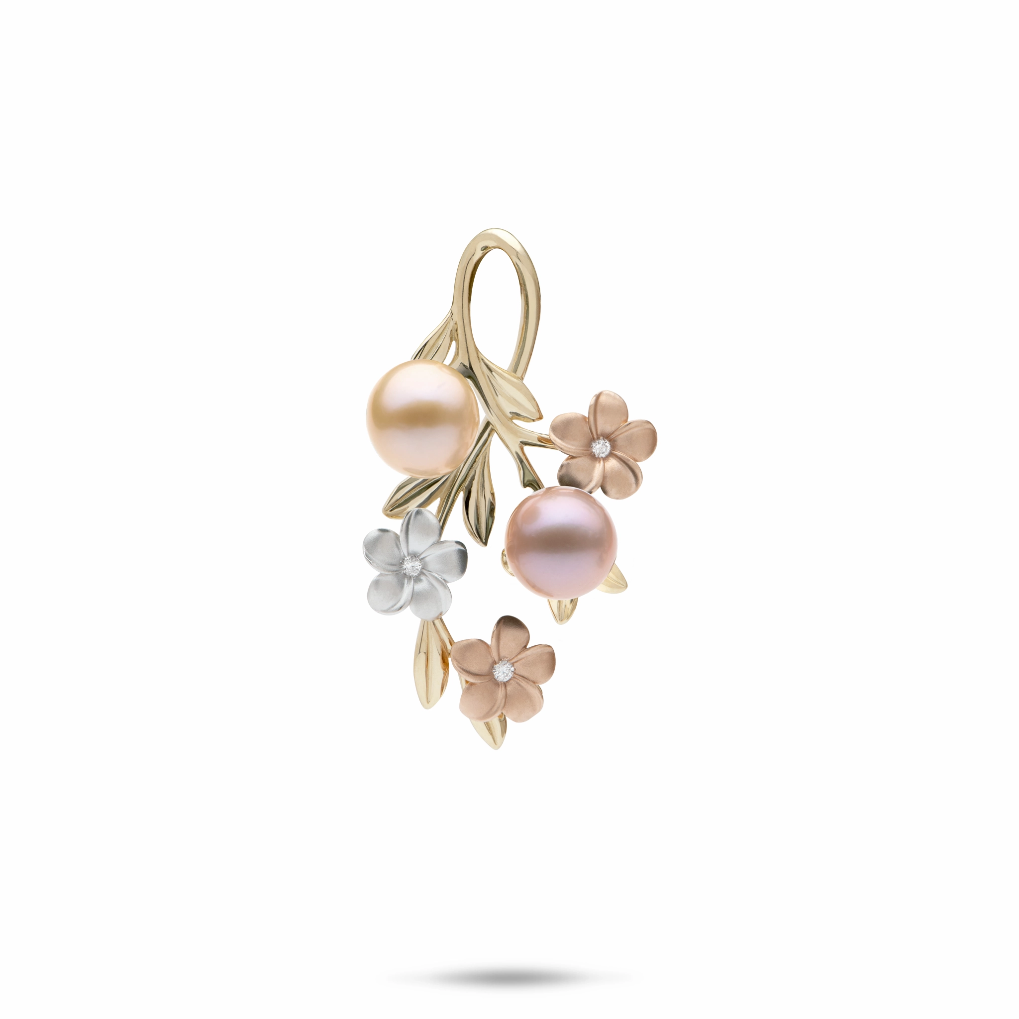 Evening Detail Pearls in Bloom Plumeria Freshwater Pearl Pendant in Tri Color Gold with Diamonds - 27mm