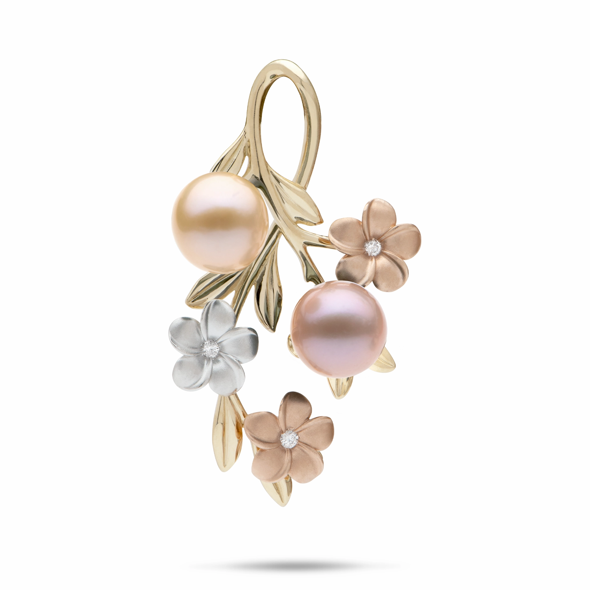 Classic Look Pearls in Bloom Plumeria Freshwater Pearl Pendant in Tri Color Gold with Diamonds - 40mm