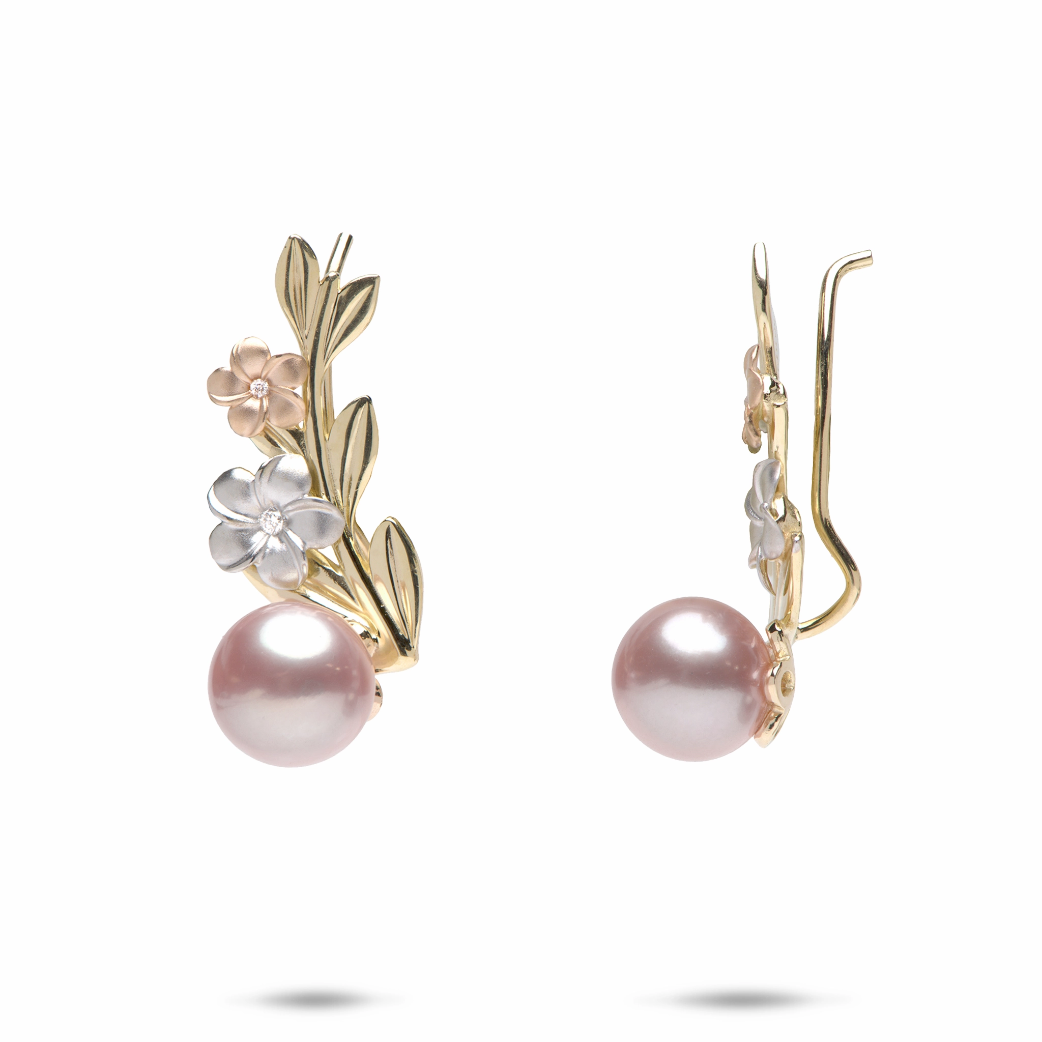 Striking Detail Pearls in Bloom Plumeria Lavender Freshwater Pearl Climber Earrings in Tri Color Gold with Diamonds