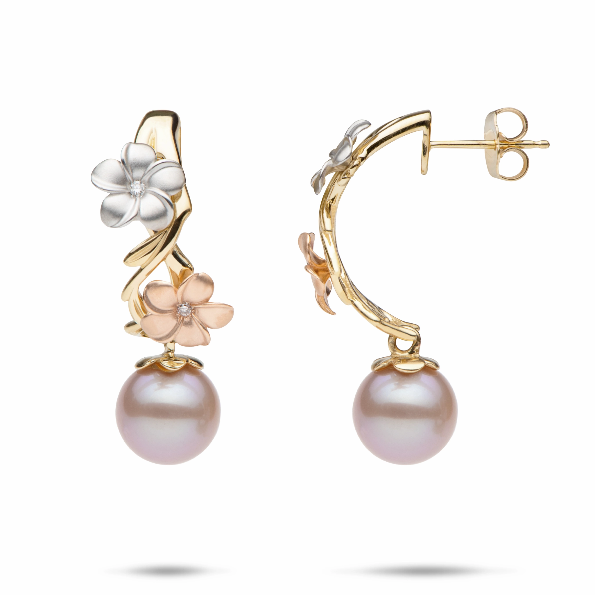 Pearls in Bloom Plumeria Lavender Freshwater Pearl Earrings in Tri Color Gold with Diamonds -23mm Stylish Highlight Rich Texture