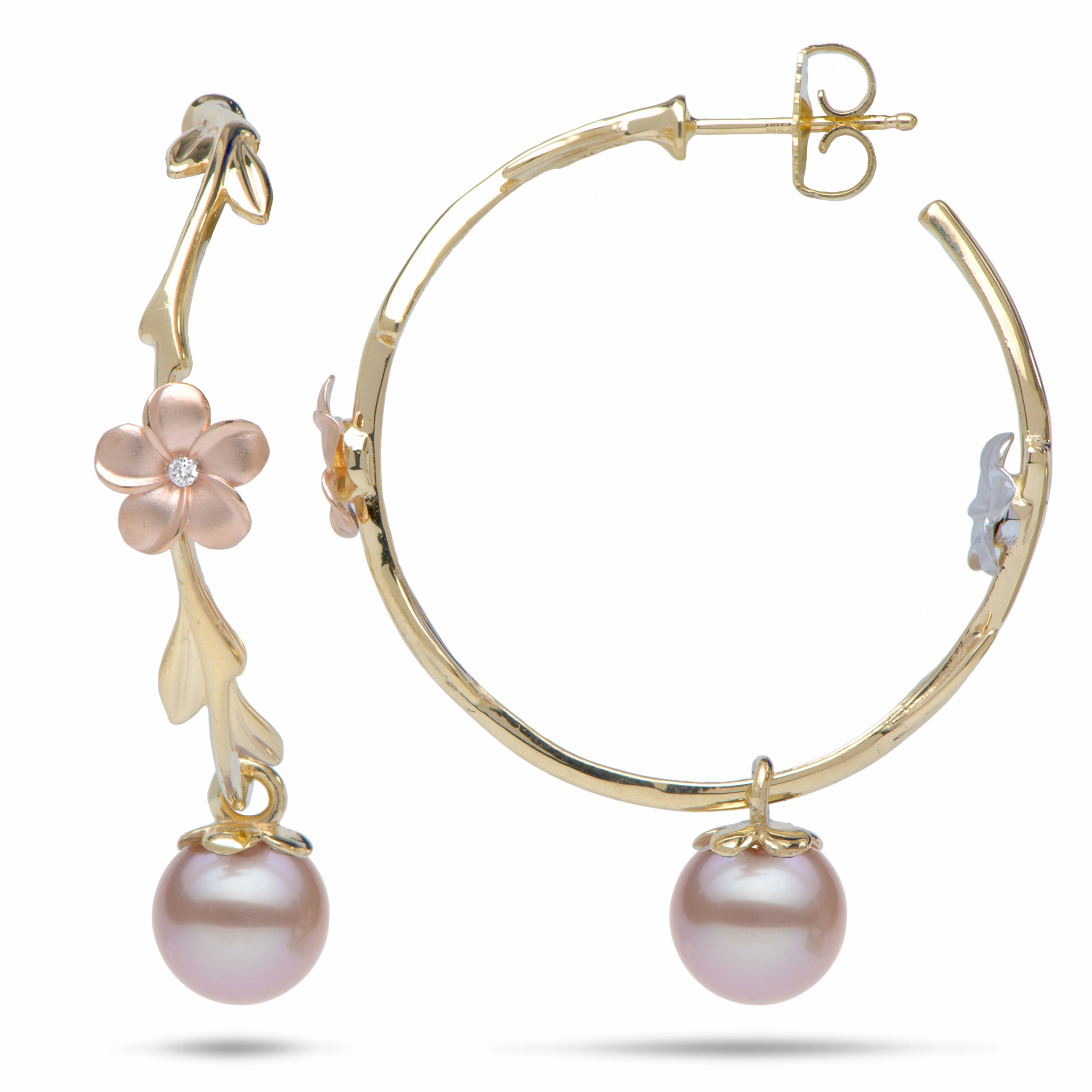 Refined Texture Gleaming Feature Pearls in Bloom Plumeria Lavender Freshwater Pearl Earrings in Tri Color Gold with Diamonds - 33mm