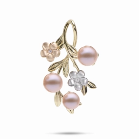 Glittering Sparkle Pearls in Bloom Plumeria Lavender Freshwater Pearl Pendant in Tri Color Gold with Diamonds - 36mm