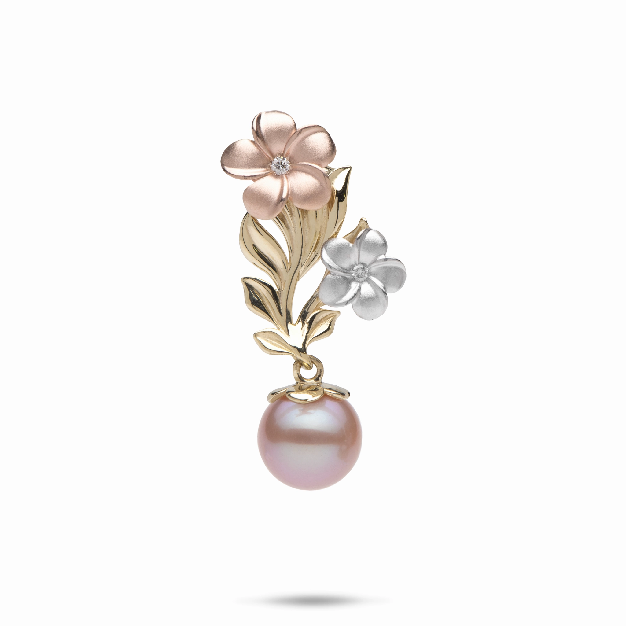 Gleaming Edge Chic Flair Pearls in Bloom Plumeria Lavender Freshwater Pearl Pendant in Tri Color Gold with Diamonds