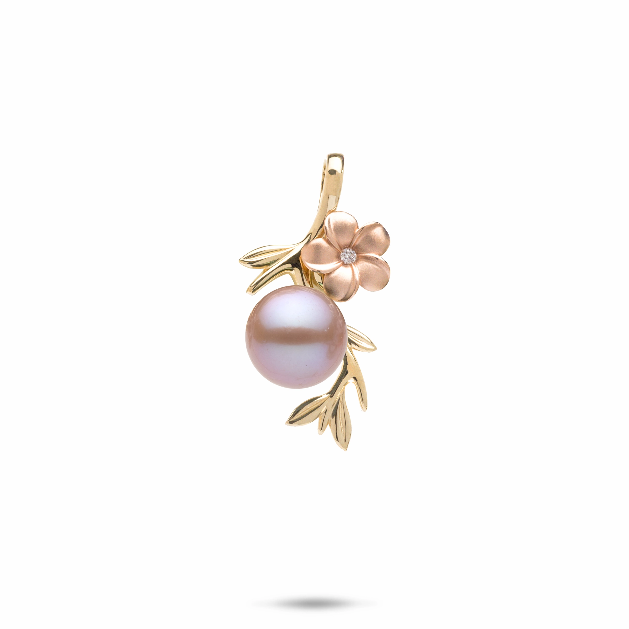 Pearls in Bloom Plumeria Lavender Freshwater Pearl Pendant in Two Tone Gold with Diamonds - 25mm Bright design