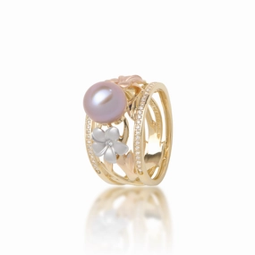 Pearls in Bloom Plumeria Lavender Freshwater Pearl Ring in Tri Color Gold with Diamonds - 12mm Lustrous Touch