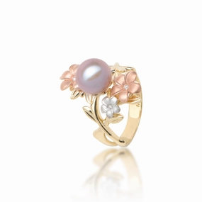 Graceful Touch Sophisticated Gifts Pearls in Bloom Plumeria Lavender Freshwater Pearl Ring in Tri Color Gold with Diamonds - 22mm