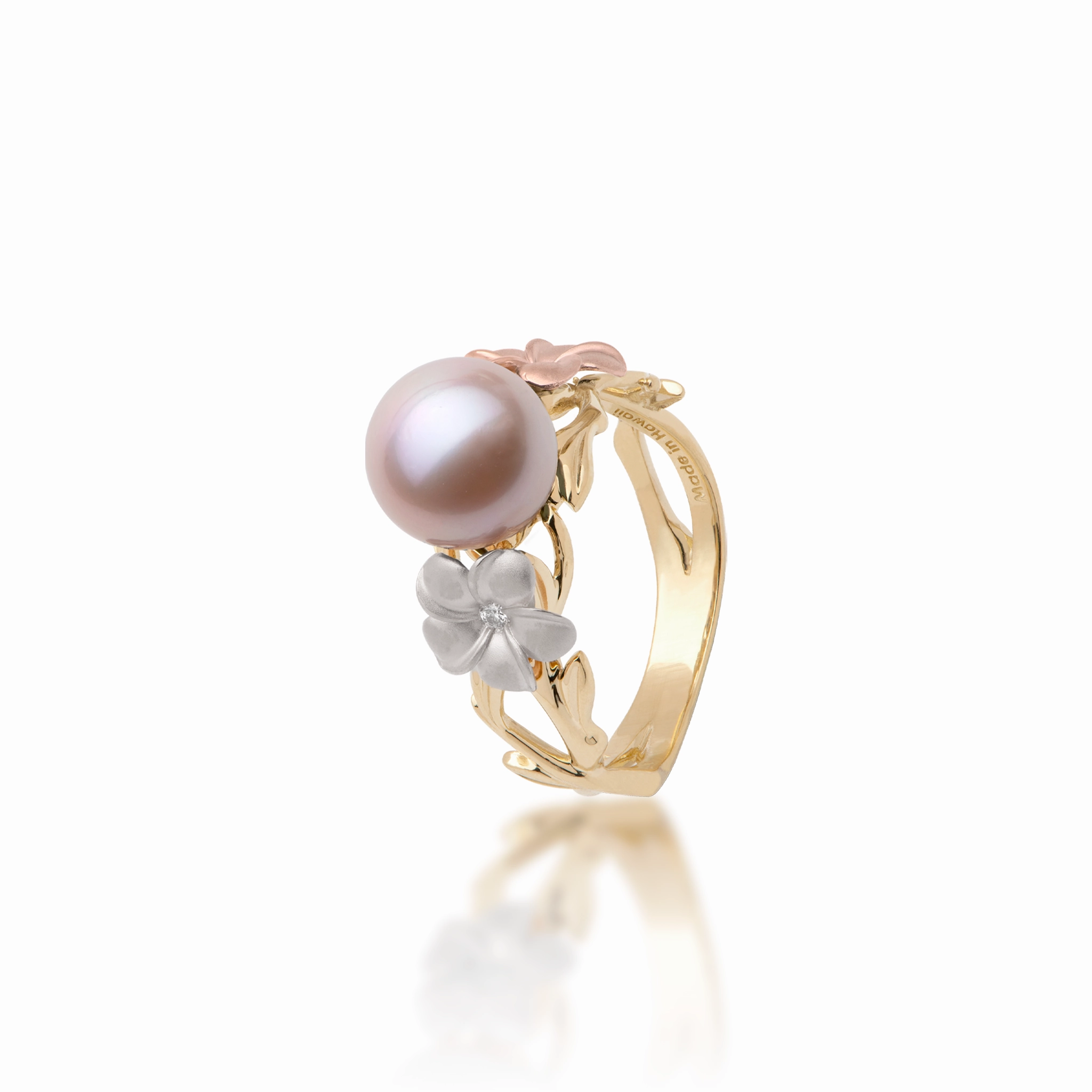 Pearls in Bloom Plumeria Lavender Freshwater Pearl Ring in Tri Color Gold with Diamonds - 8mm Neutral Vibe Sparkle Touch