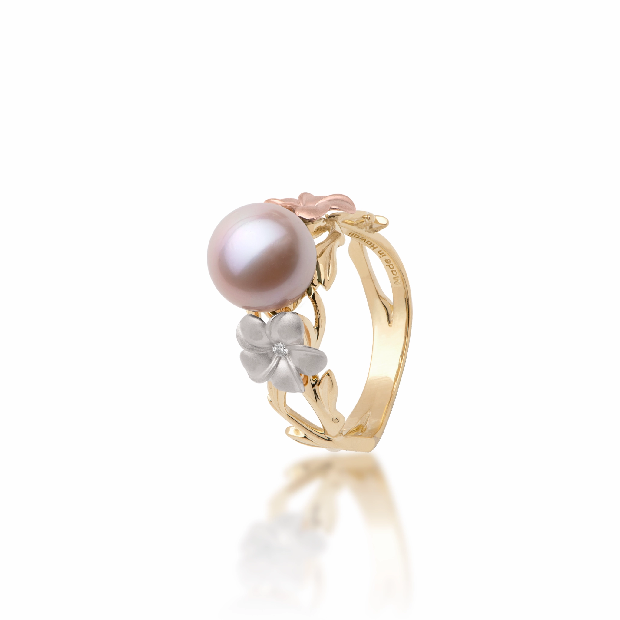 Timeless Detailing Pearls in Bloom Plumeria Lavender Freshwater Pearl Ring in Tri Color Gold with Diamonds - 8mm