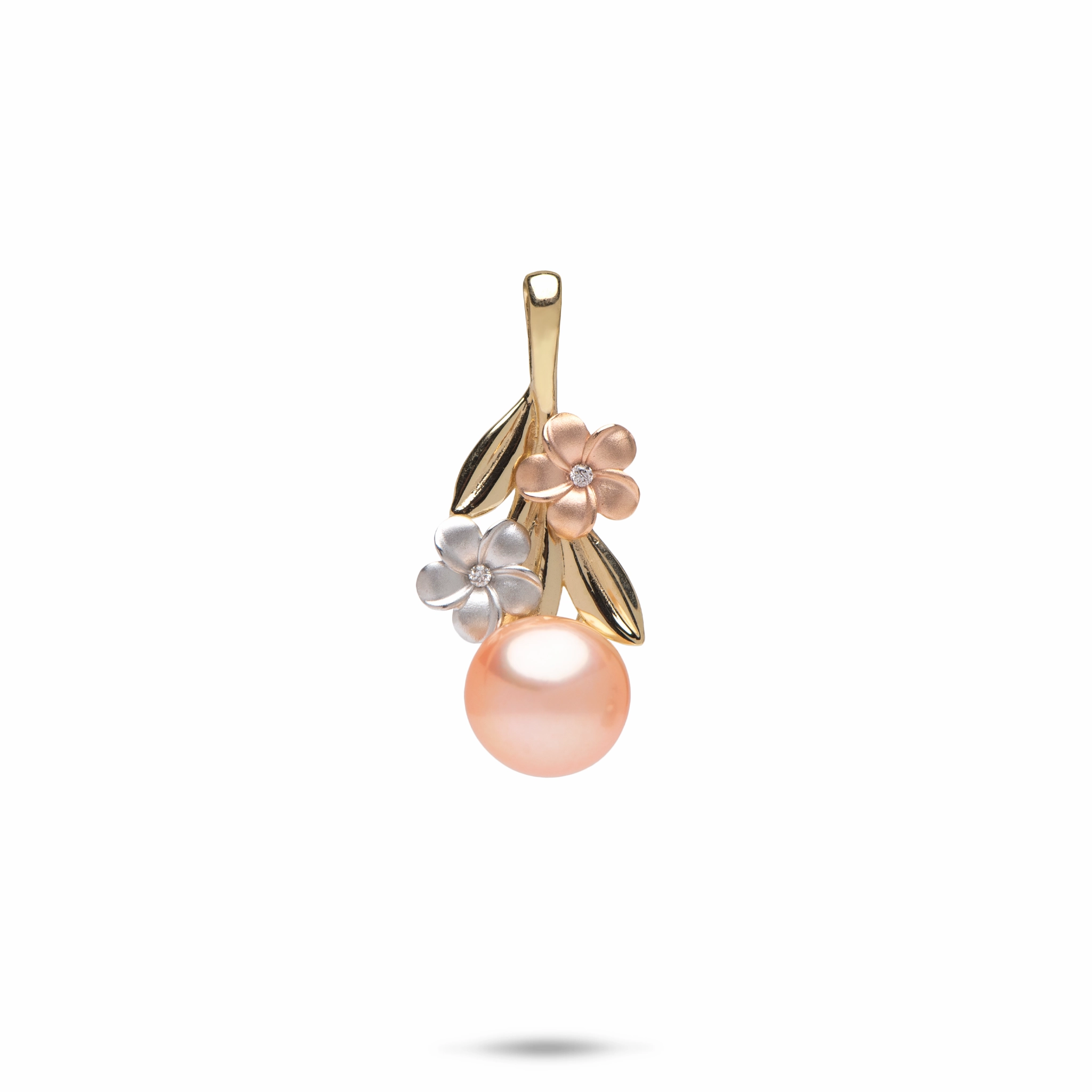 Versatile Accent Perfect Pair Pearls in Bloom Plumeria Peach Freshwater Pearl Pendant in Tri Color Gold with Diamonds