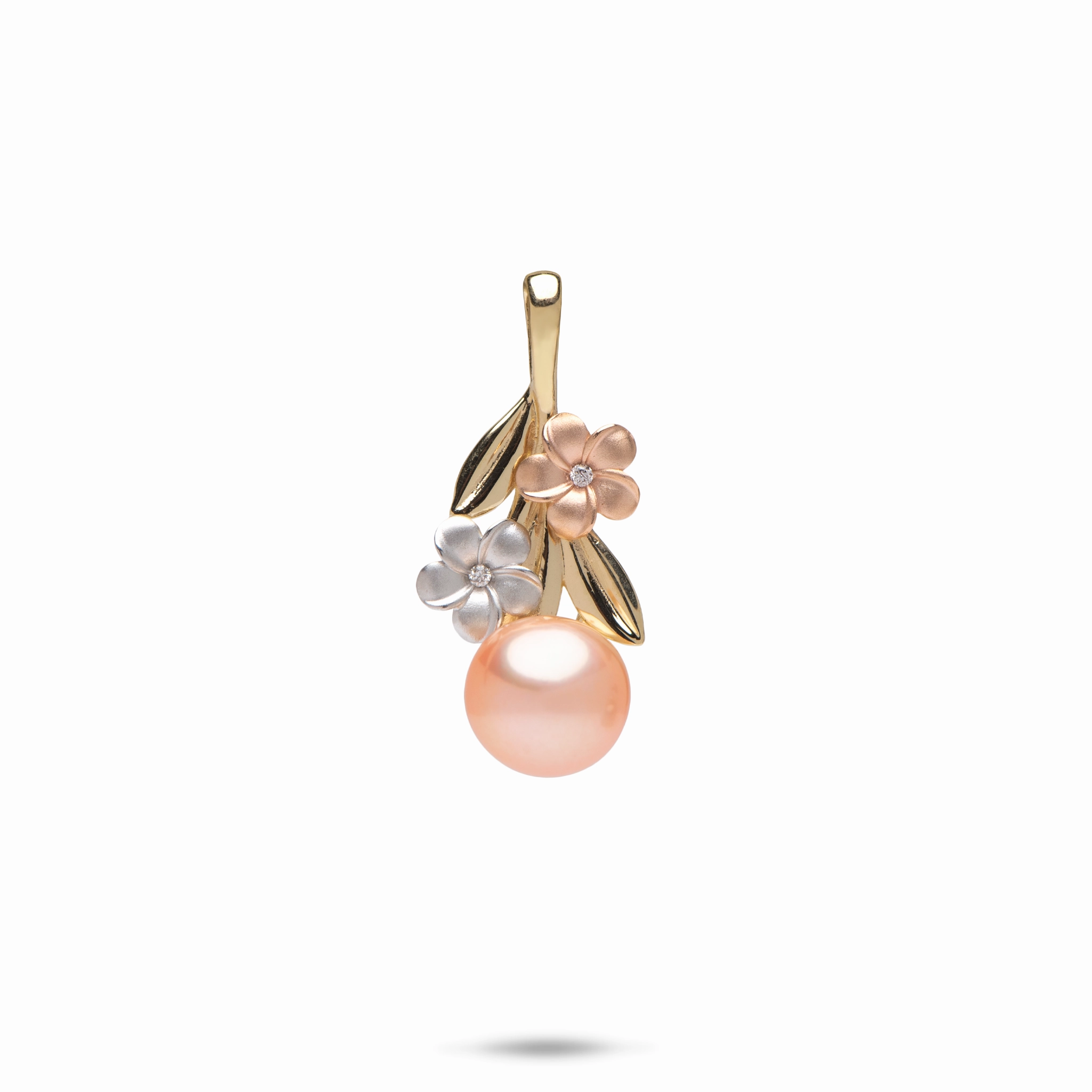Glam Choice Pearls in Bloom Plumeria Peach Freshwater Pearl Pendant in Tri Color Gold with Diamonds