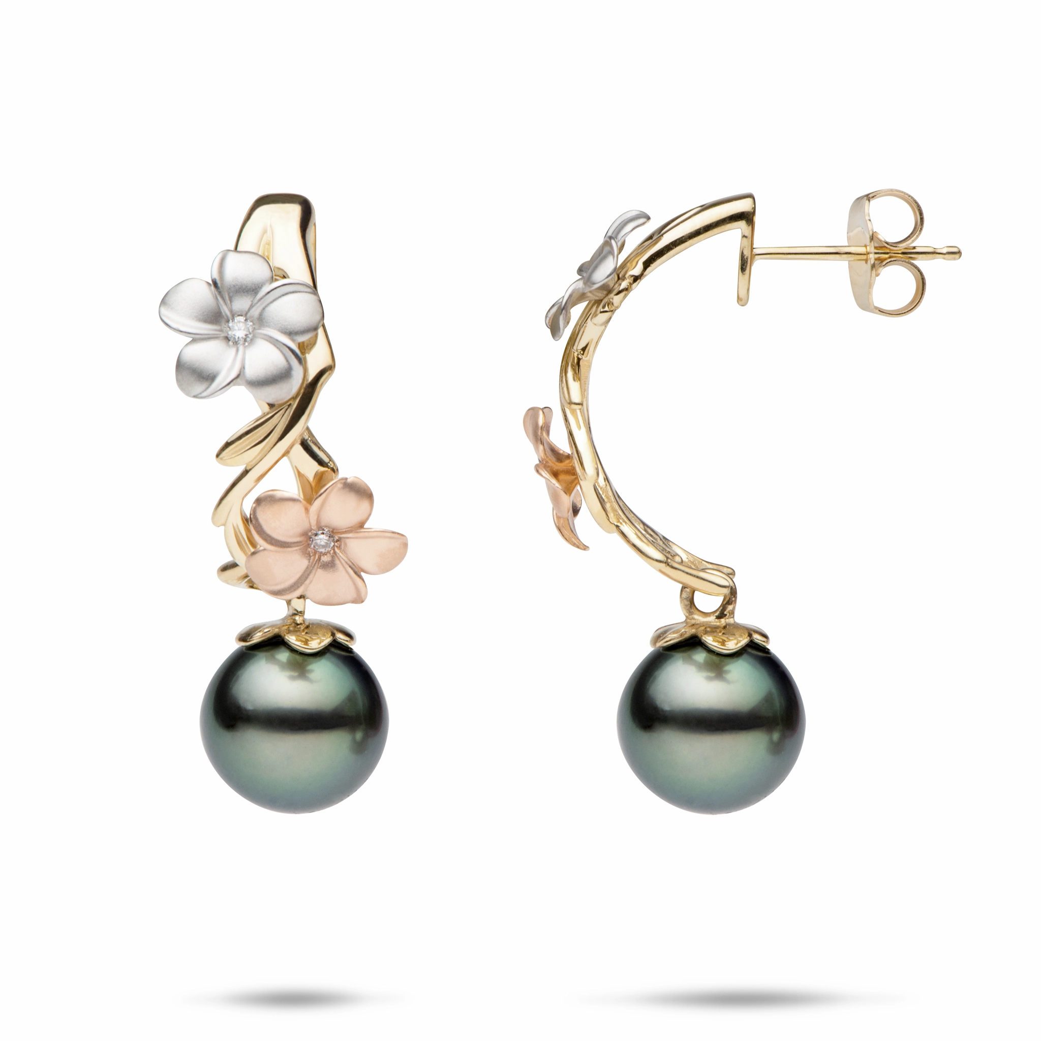 Trendy Piece Pearls in Bloom Plumeria Tahitian Black Pearl Earrings in Tri Color Gold with Diamonds - 23mm