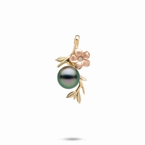 Pearls in Bloom Plumeria Tahitian Black Pearl Pendant in Two Tone Gold with Diamond - 25mm Pretty Pair Light Spark