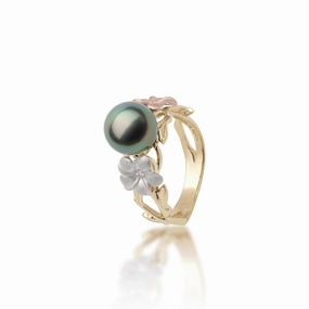 Exclusive Accent Pearls in Bloom Plumeria Tahitian Black Pearl Ring in Tri Color Gold with Diamonds - 8mm