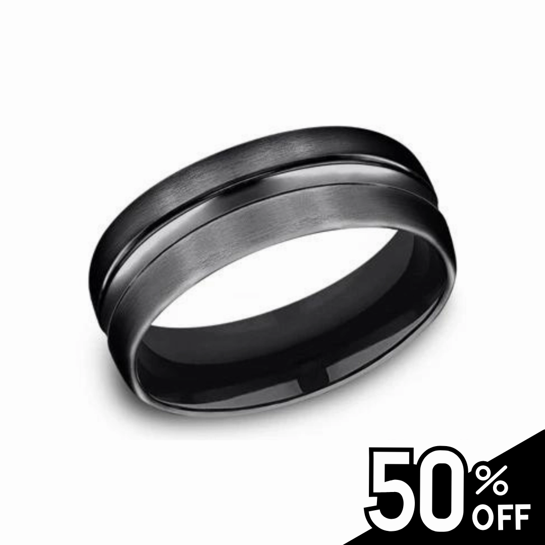 Black Titanium Wedding Band with High Polished Center Impeccable Touch Ornate Edge