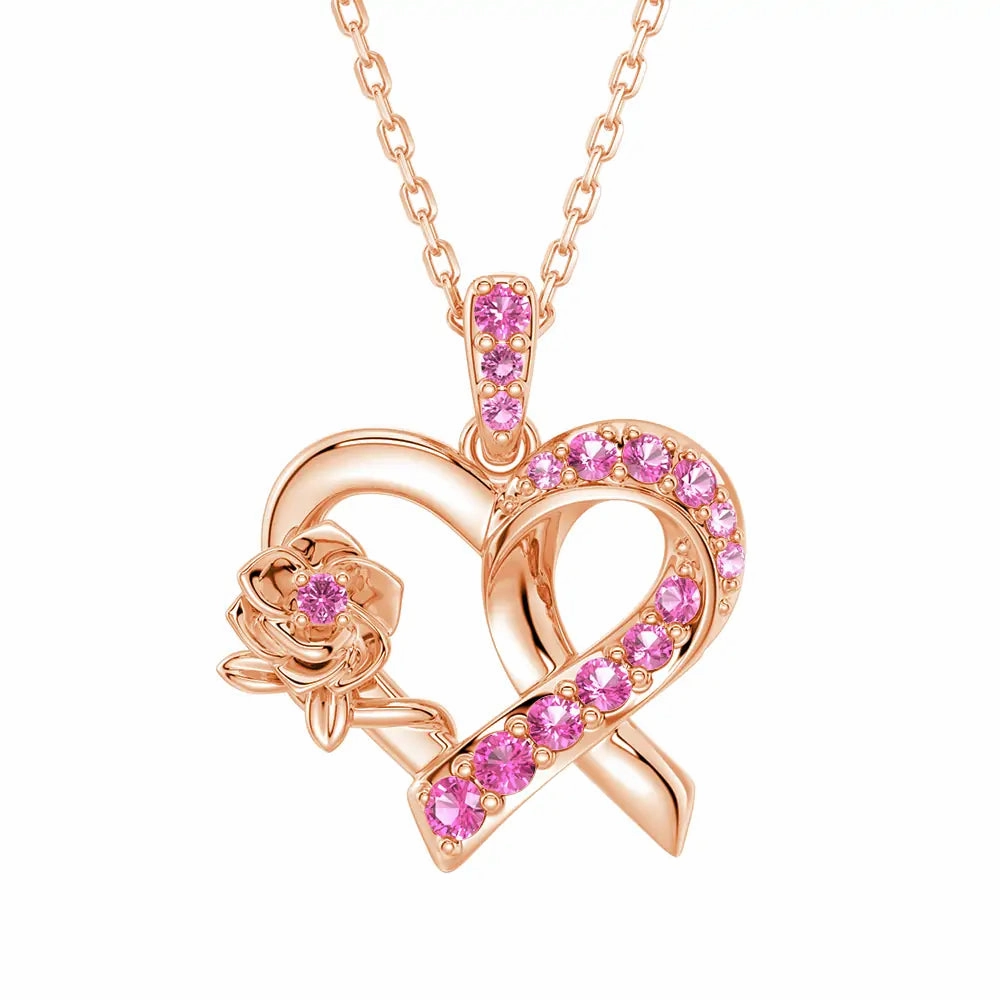 ??Rose of Resilience?? Breast Cancer Awareness Heart Pendant Necklace Stylish Glow Precious Gemstones