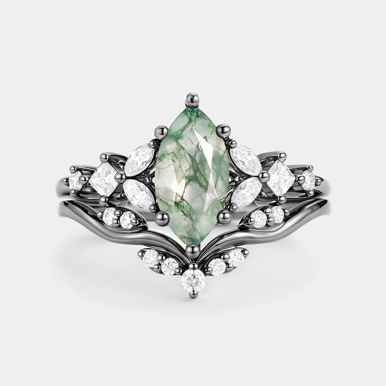Luxury Finish Marquise Cut Moss Agate Leafy Engagement Ring Sets 2pcs - Verger