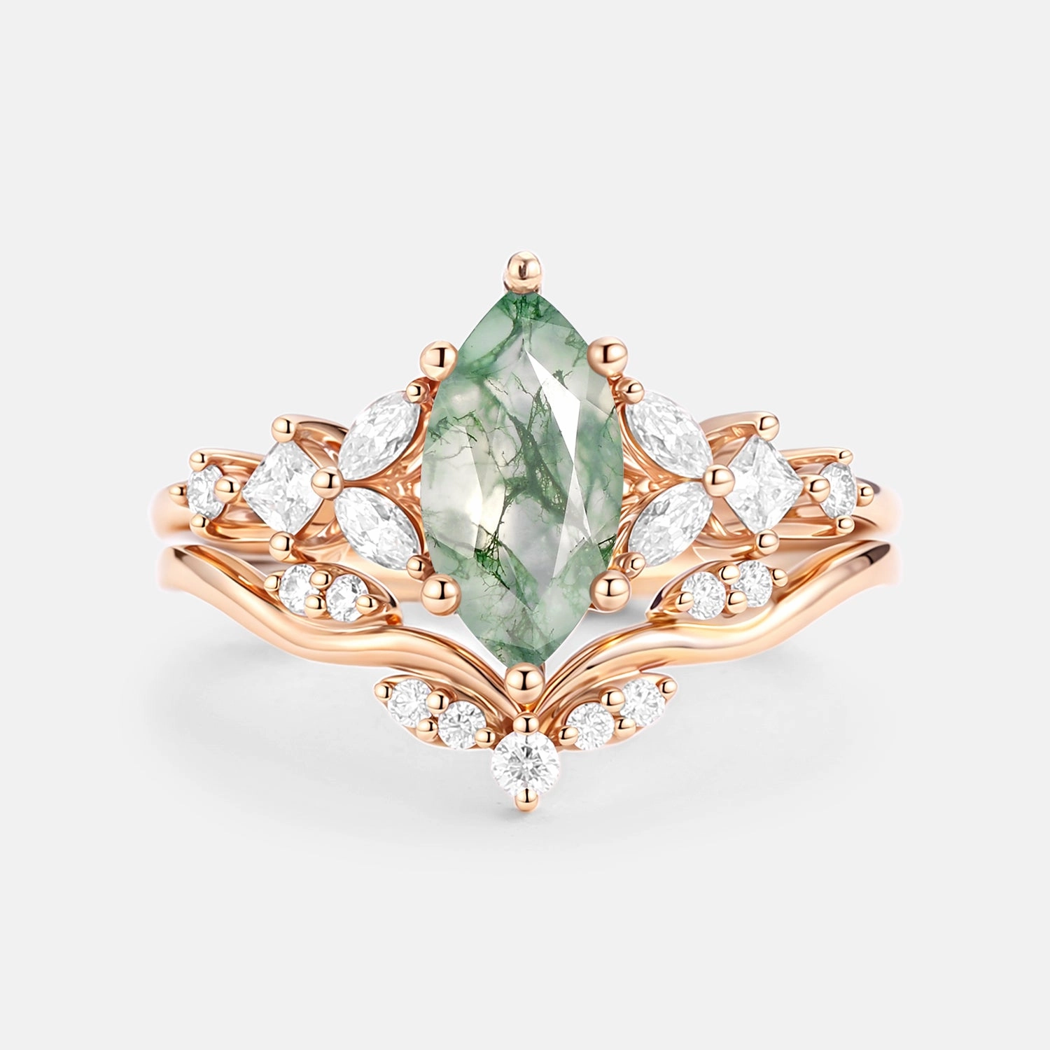 Marquise Cut Moss Agate Leafy Engagement Ring Sets 2pcs - Verger Daywear Style Brunch Look
