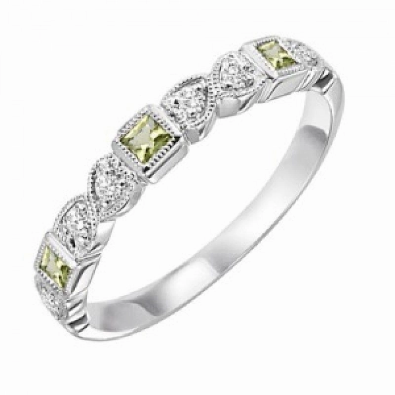 Graceful Balance Traditional Design Peridot Birthstone Diamond And Square Ring 10K White Gold