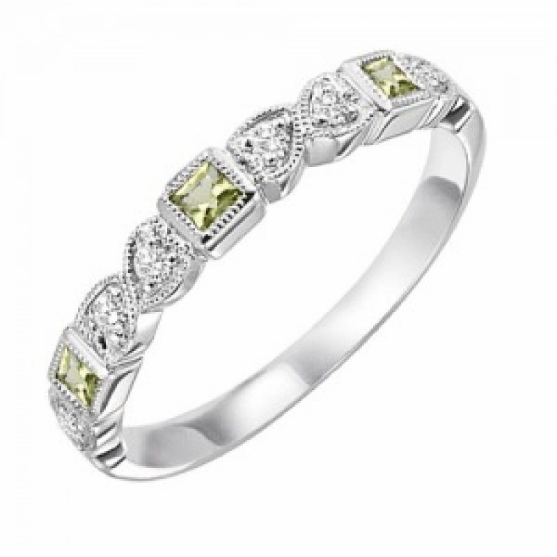 Peridot Birthstone Diamond And Square Ring 10K White Gold Event Accessory