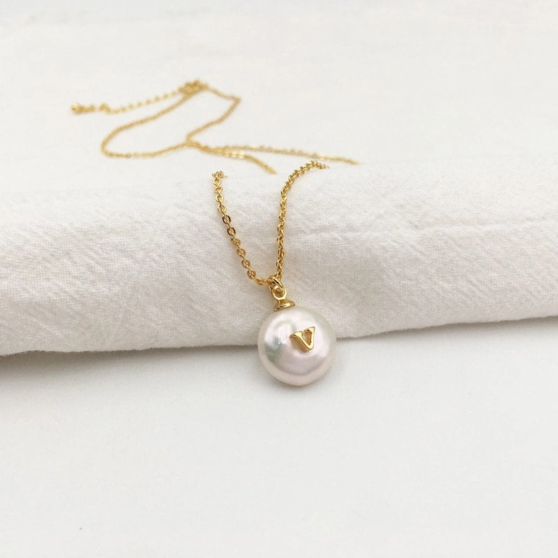 Personalized Freshwater Pearl Initial Necklace | Gold Pearl Initial Necklace, Custom White Pearl Necklace, Pearl Charm Herringbone Necklace Timeless Shine Shine