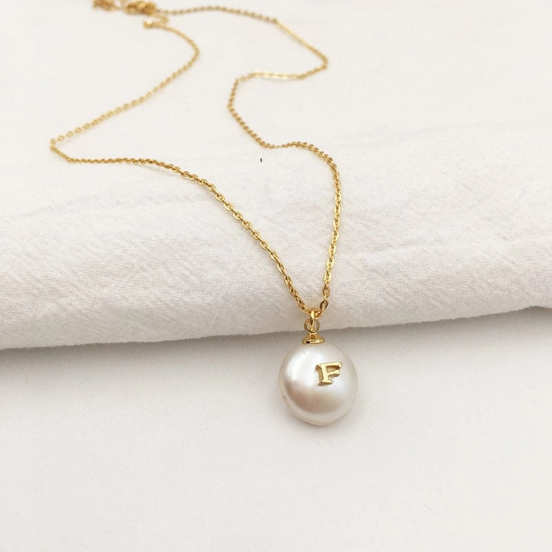 Personalized Freshwater Pearl Initial Necklace | Gold Pearl Initial Necklace, Custom White Pearl Necklace, Pearl Charm Herringbone Necklace Impeccable Accent