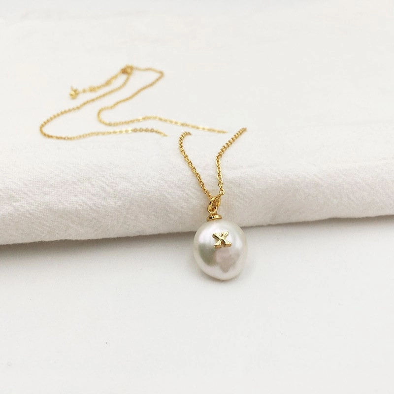 Minimal Radiance Personalized Freshwater Pearl Initial Necklace | Gold Pearl Initial Necklace, Custom White Pearl Necklace, Pearl Charm Herringbone Necklace