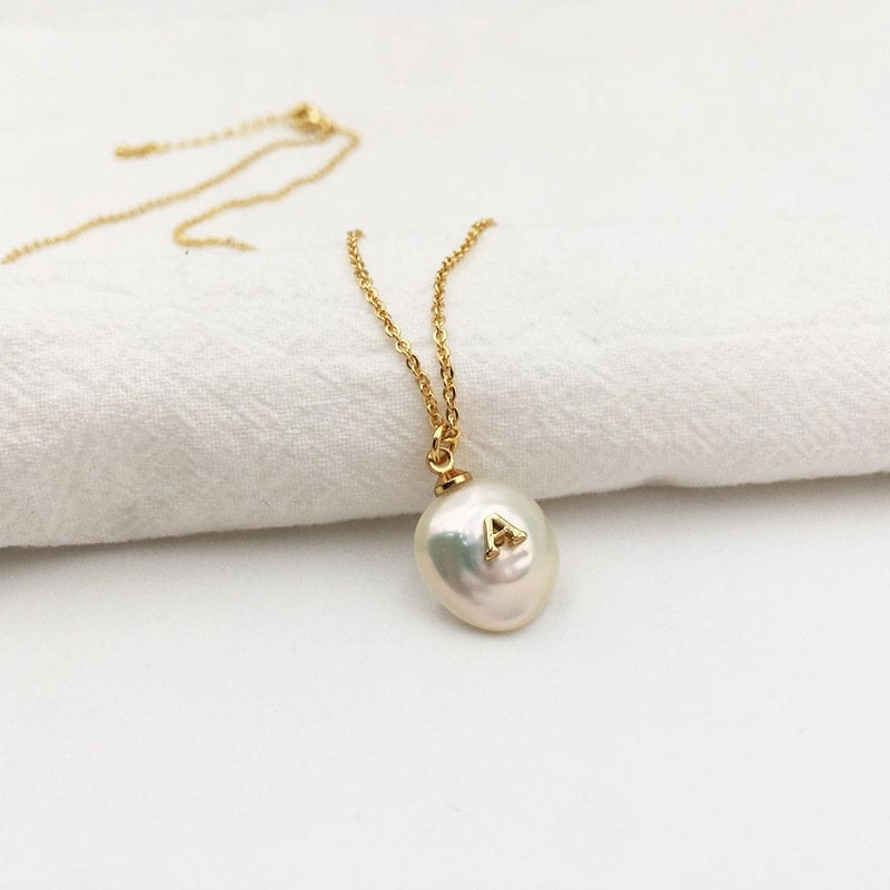 Cool Fit Personalized Freshwater Pearl Initial Necklace | Gold Pearl Initial Necklace, Custom White Pearl Necklace, Pearl Charm Herringbone Necklace