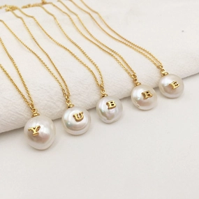 Personalized Freshwater Pearl Initial Necklace | Gold Pearl Initial Necklace, Custom White Pearl Necklace, Pearl Charm Herringbone Necklace Casual Shine Trend Focused