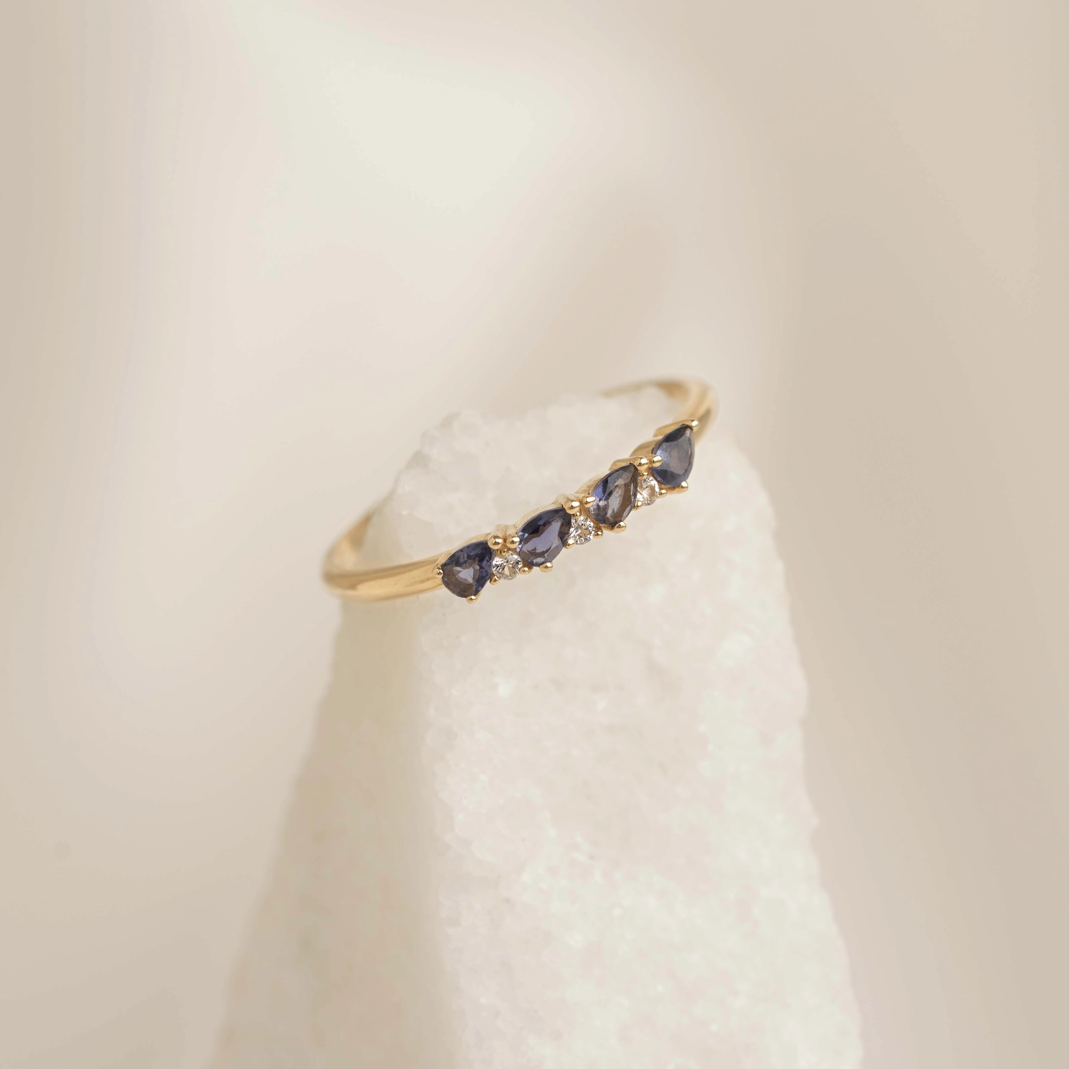 December Birthstone Pear Ring 14k Gold - Cordierite and Diamond Precious Gem Handcrafted Finish
