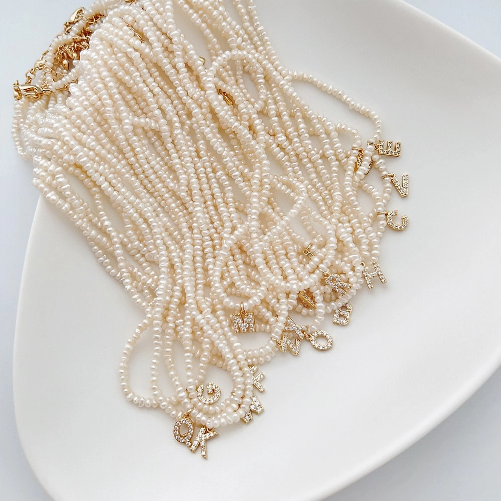 Daily Essentials Chic Flash Personlized Pearl Initial Necklace with CZ stones | Crystal Pearl Charm Initial Necklace, Personalized White Pearl Necklace, Letter Choker