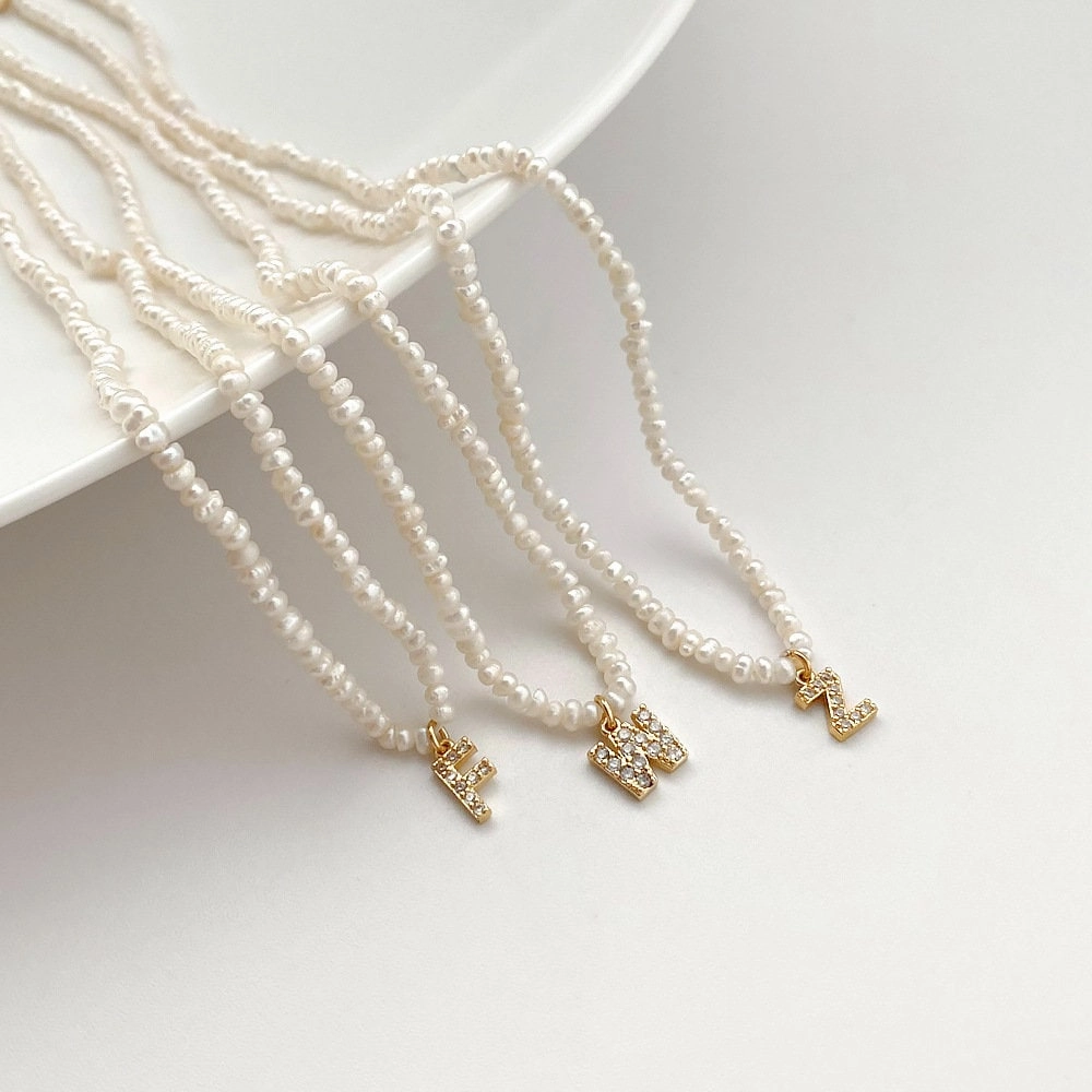 Smooth Feature Personlized Pearl Initial Necklace with CZ stones | Crystal Pearl Charm Initial Necklace, Personalized White Pearl Necklace, Letter Choker