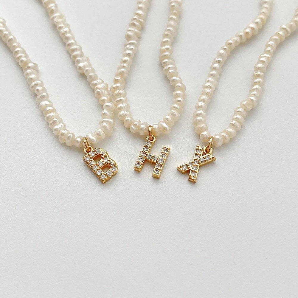 Personlized Pearl Initial Necklace with CZ stones | Crystal Pearl Charm Initial Necklace, Personalized White Pearl Necklace, Letter Choker Modern Highlight Travel Style