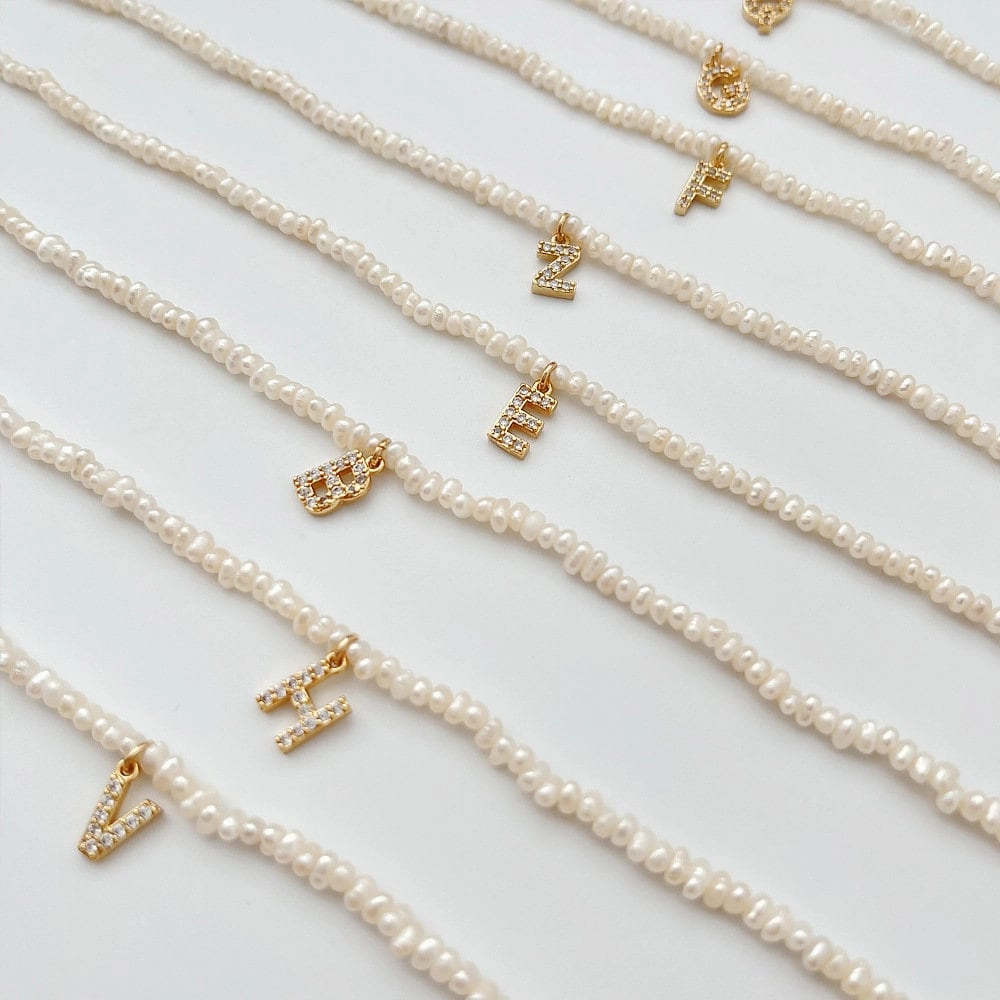 Art Deco Feel Timeless Shine Personlized Pearl Initial Necklace with CZ stones | Crystal Pearl Charm Initial Necklace, Personalized White Pearl Necklace, Letter Choker