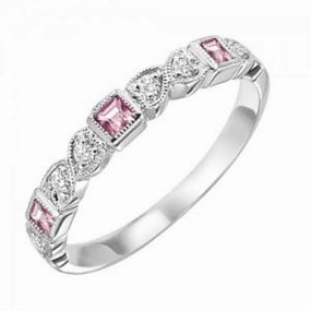 Nostalgic Design Shimmer Accent Pink Tourmaline Birthstone Diamond Ring 10K White Gold