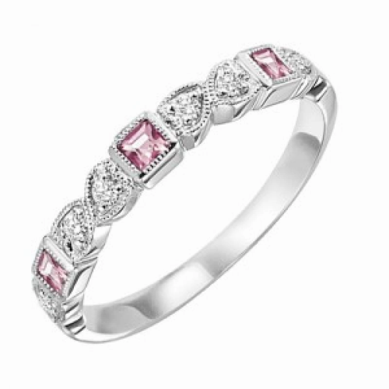Memorable Present Pink Tourmaline Birthstone Diamond Ring 10K White Gold
