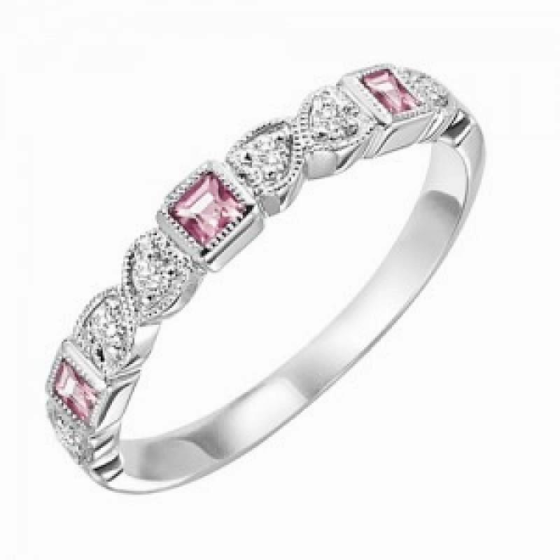 Nostalgic Design Shimmer Accent Pink Tourmaline Birthstone Diamond Ring 10K White Gold