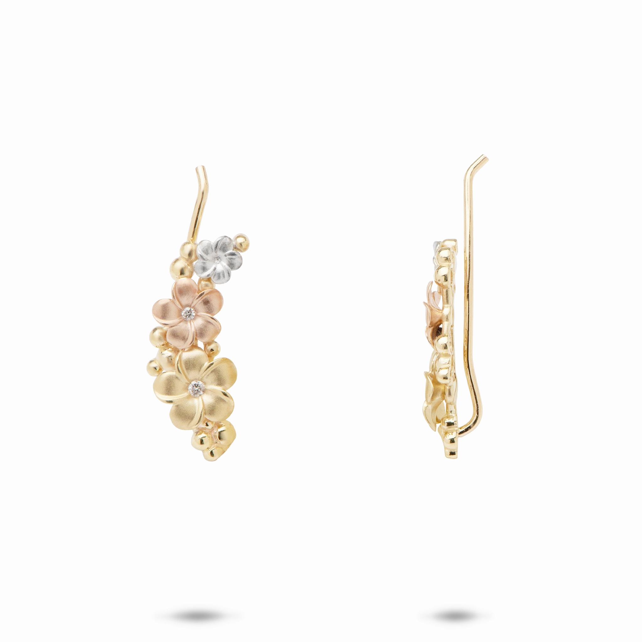 Plumeria Climber Climber Earrings in Tri Color Gold with Diamonds Luxury Craftsmanship