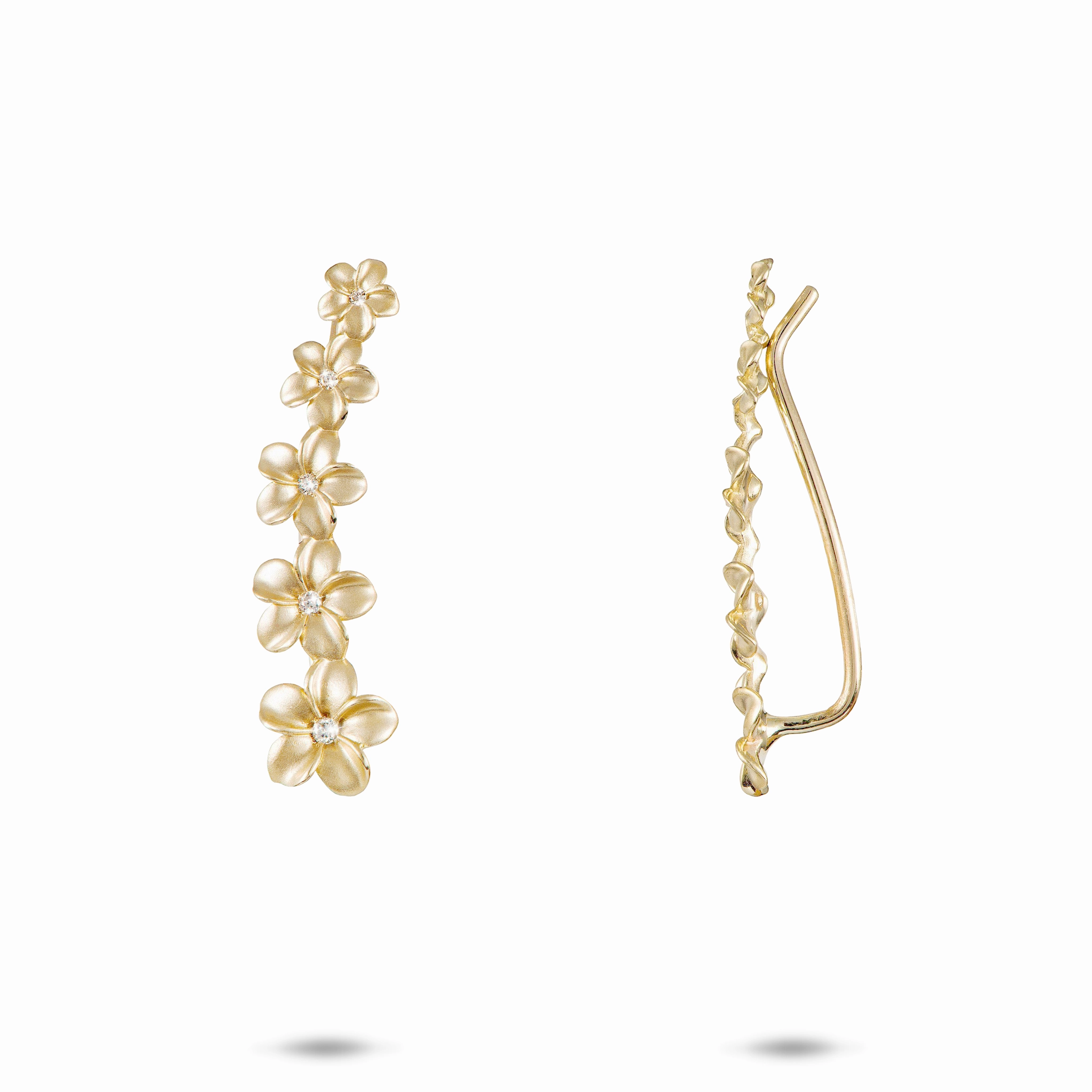 Glossy Touch Plumeria Climber Earrings in Gold with Diamonds - 26mm