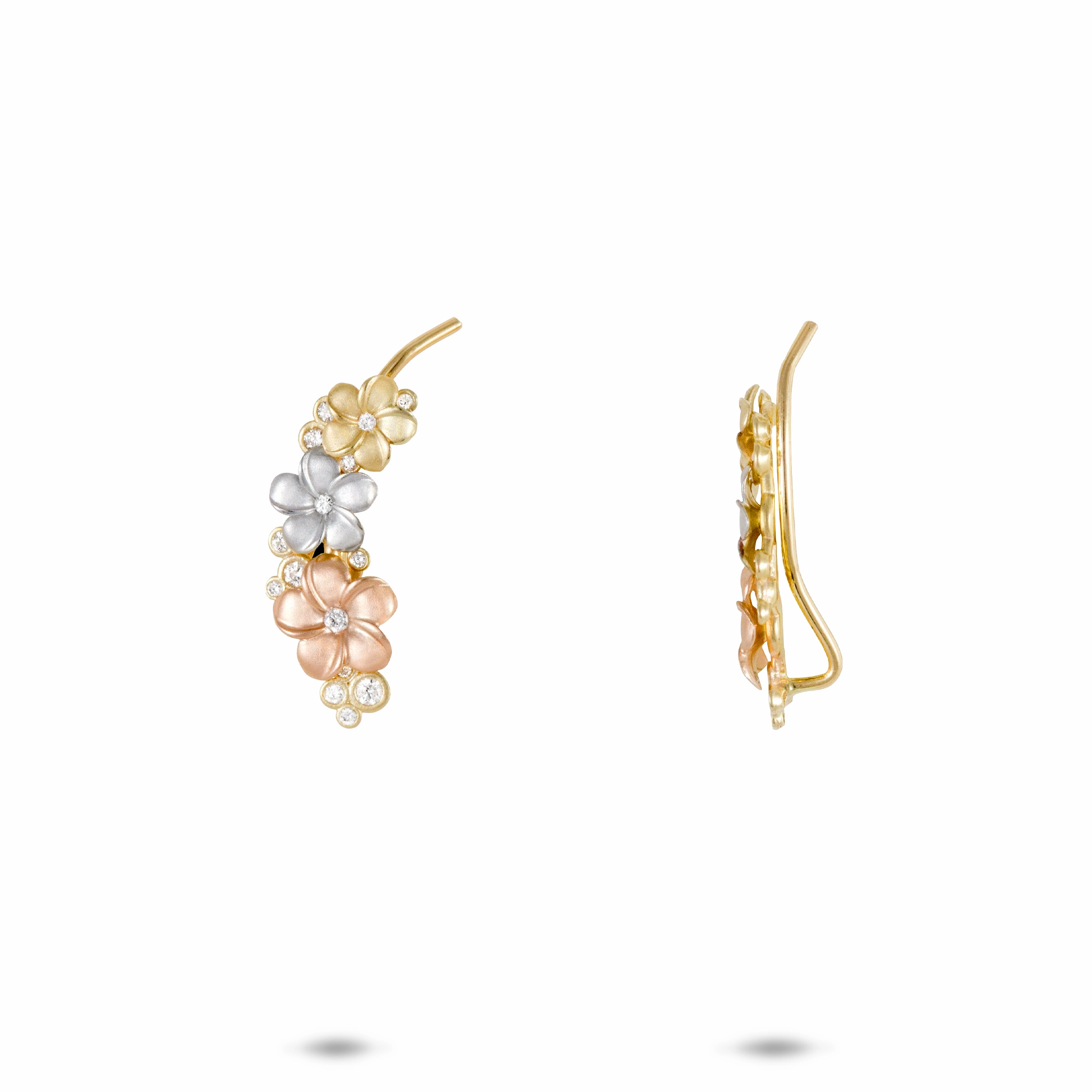 Fashion Week Plumeria Climber Earrings in Tri Color Gold with Diamonds - 20mm